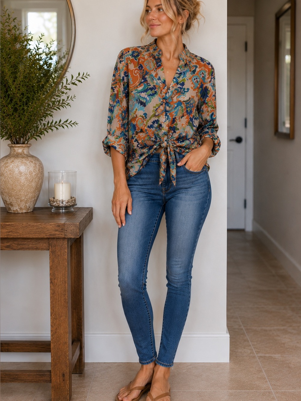 Vince Camuto Multi-Color Paisley Tie-Front Blouse
